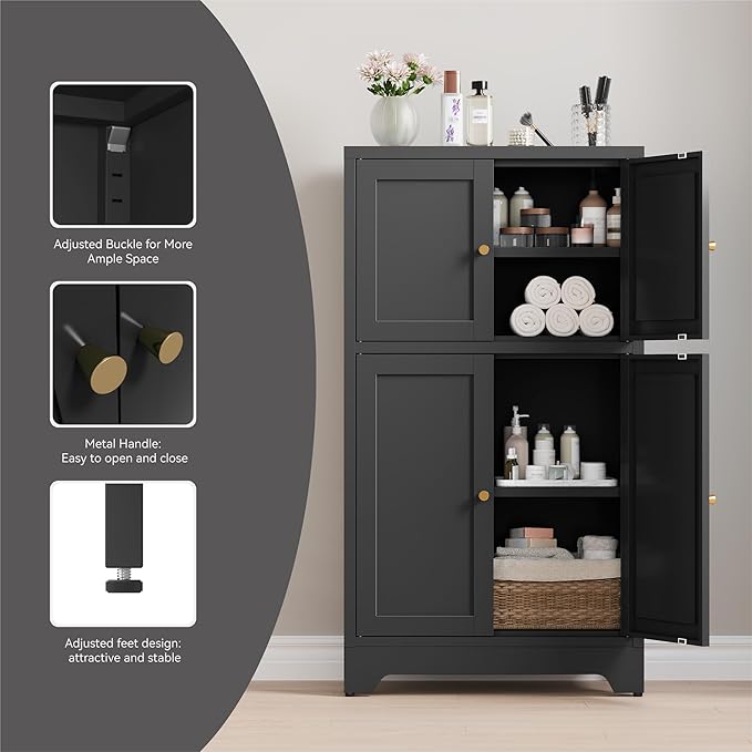 Black Bathroom Floor Cabinet, Metal Storage Cabinets with 4 Doors & 2 Adjustable Shelves, Freestanding Sideboard for Dining Room,Living Room, Home Office