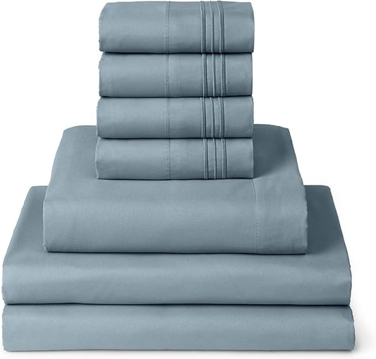 Mellanni Split King Sheet Set - 7-Piece Iconic Collection Bedding, (Including 4 Pillowcases), 16-Inch Deep Pocket, Easy Care, Extra Soft, Cooling Sheets, Brushed Microfiber - Spa Blue