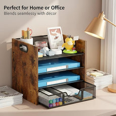 Wood Desk Organizer - 4-Tier Desktop File Organizer with Drawer, Wooden Paper Tray, Office Desk Organizer for Papers, Mail, Notebooks, Stationery