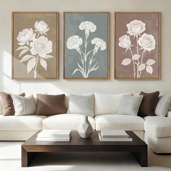 BINCUE Boho Floral Wall Painting Framed Botanical Wall Art Decor Flower Print for Living Room Bedroom Dining Room 16" Lx24 W Set of 3