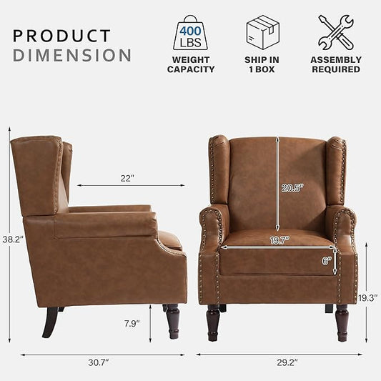 Lumibee Accent Chairs, Faux Leather High Back Armchair setof 2 or Living Room, Comfy Upholstered Single Sofa Reading Chairs with Solid Wood Legs for Office, Bedroom, Waiting Room-Leather Brown