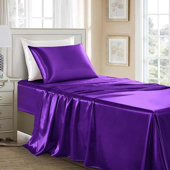 Satin Sheets Twin Size - 3 Pieces Luxury Silky Soft Bed Sheets for Kids, Wrinkle-Free Dark Purple Satin Silk Sheet Set with 1 Deep Pocket Fitted Sheet, 1 Flat Sheet, 1 Pillow case