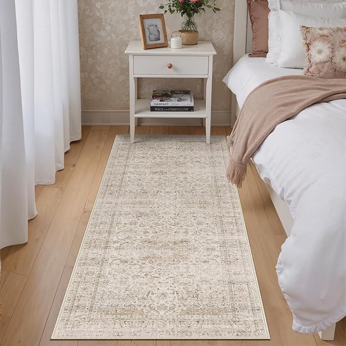 2x6 Washable Beige Runner Rug Vintage Hallway Kitchen Carpet Non-Slip Soft Low Pile Distressed Throw Rug for Bedroom Bathroom Laundry Living Room