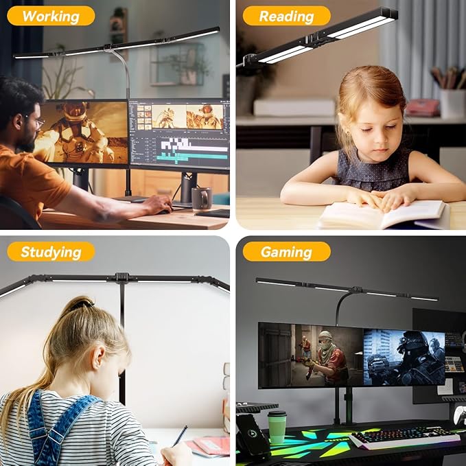 Adjustable LED Desk Lamp – Stepless Dimming & Color Temp Remote Control, Eye-Caring 4 Large Bright Light Souce for Home Office, Flexible Neck, Clamp Base, 5 Lighting Modes for Reading, Computer, DIY