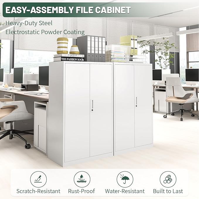 42" Folding Metal Storage Cabinet with Lock,2 Doors and 2 Adjustable Shelves,Quick Assembly Foldable Steel Cabinet for Office Home Garage,White