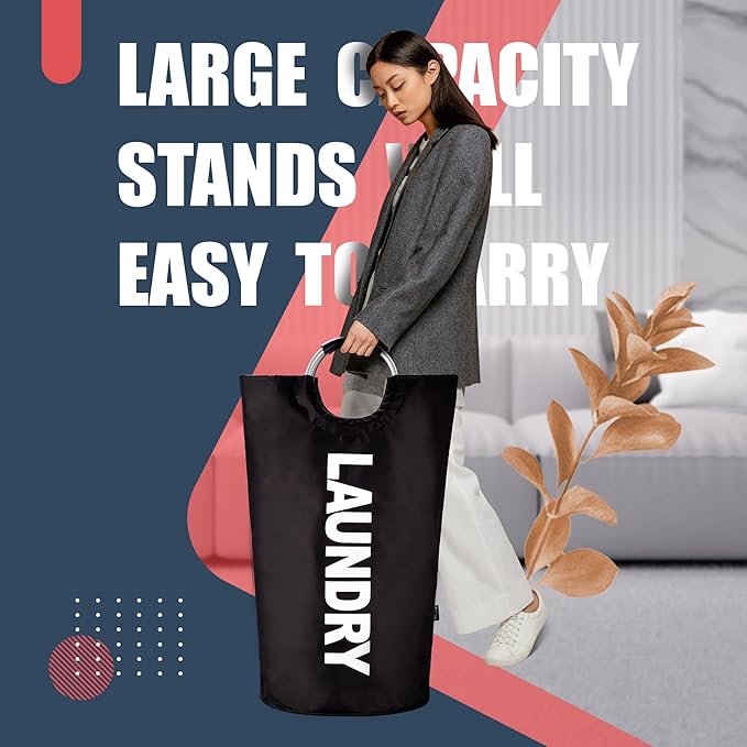 Caroeas 100L Laundry Basket,Large Laundry Hamper, Laundry Bag with Padded Handles, Clothes Hamper Stands Up Well, Collapsible Free Standing Easy Storage Washing Bin (Black,100L)
