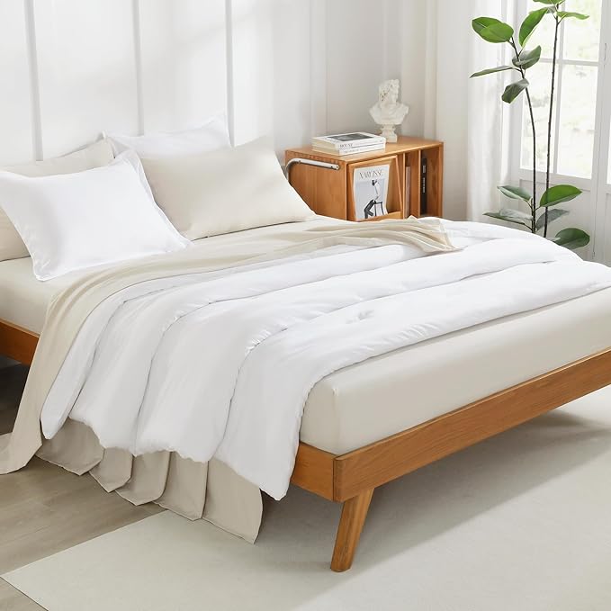 Litanika Comforter Set, Lightweight Solid Bedding Comforter Set, Fluffy Down Alternative Bed Set, Bright White, Oversized Queen