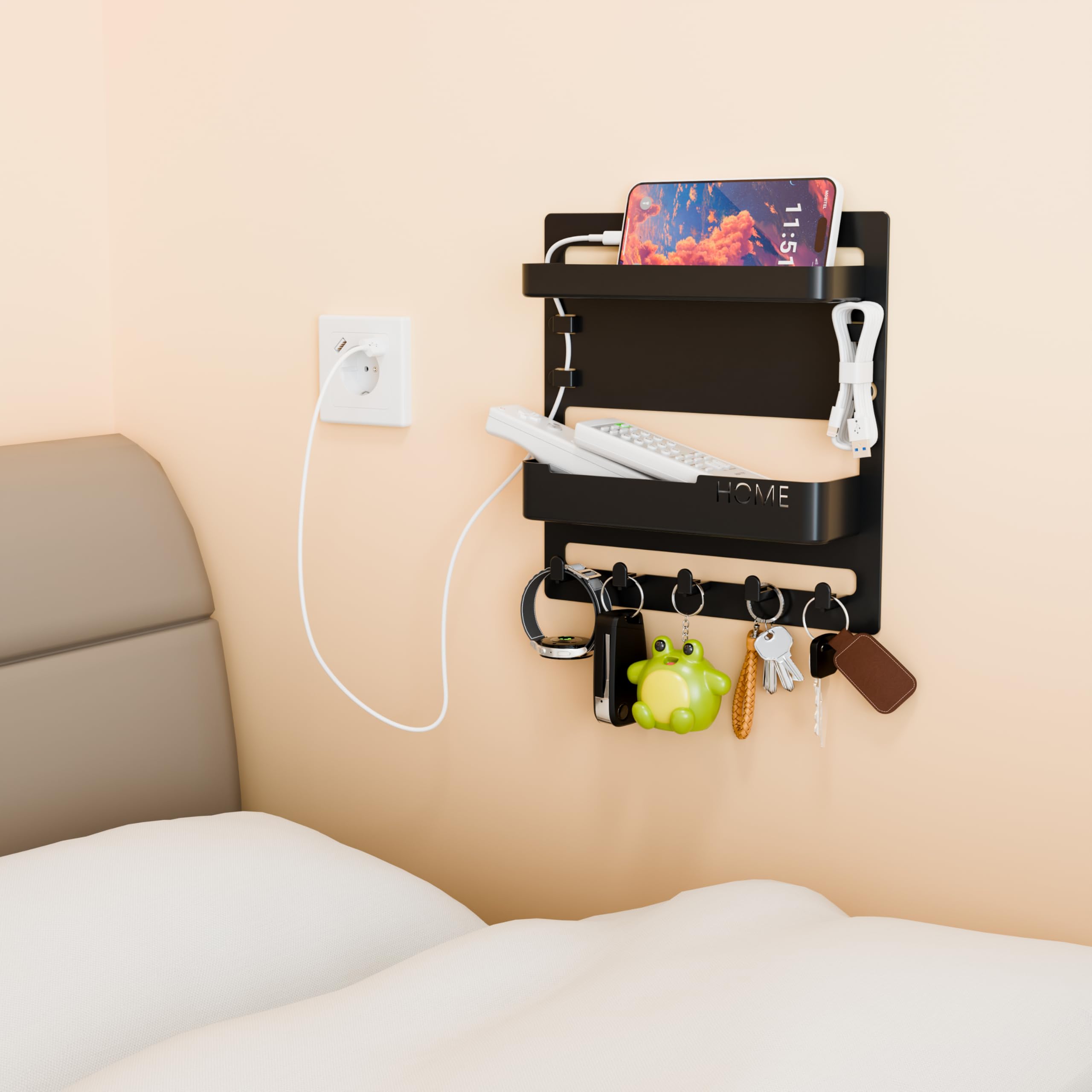 Yieach Bedside Shelf for Dorm Bed,Rv,Small Room and Nightstand,Wall Mounted Floating Shelves and Bedside Wall Organizer for Remote,Phone Holder,Charging Shelf,Cute Bedroom Decor for College Girl,Black