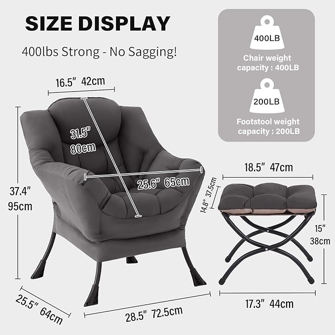 Tiita Lazy Chair with Ottoman, Modern Large Accent Lounge Chair, Leisure Sofa Armchair with Ottoman, Reading Chairs with Footrest for Bedroom, Living Room, Dorm Rooms, Garden