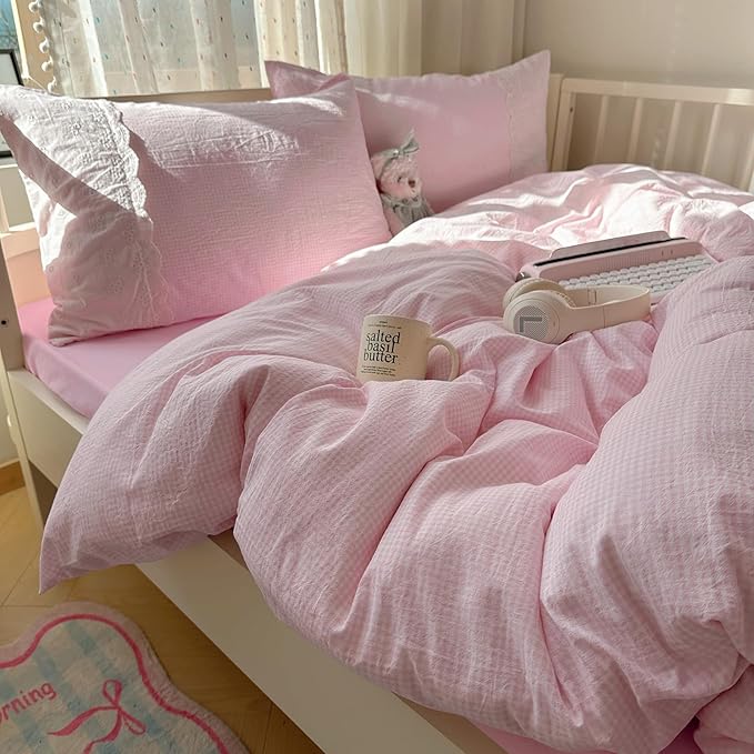 mixinni Pink Gingham Duvet Cover Twin Size - 3 Piece Cottagecore Plaid Bedding Set with Lace Trim, Soft Washed Microfiber Vintage Aesthetic Grid Comforter Cover & Pillow Shams, (Pink White Gingham)