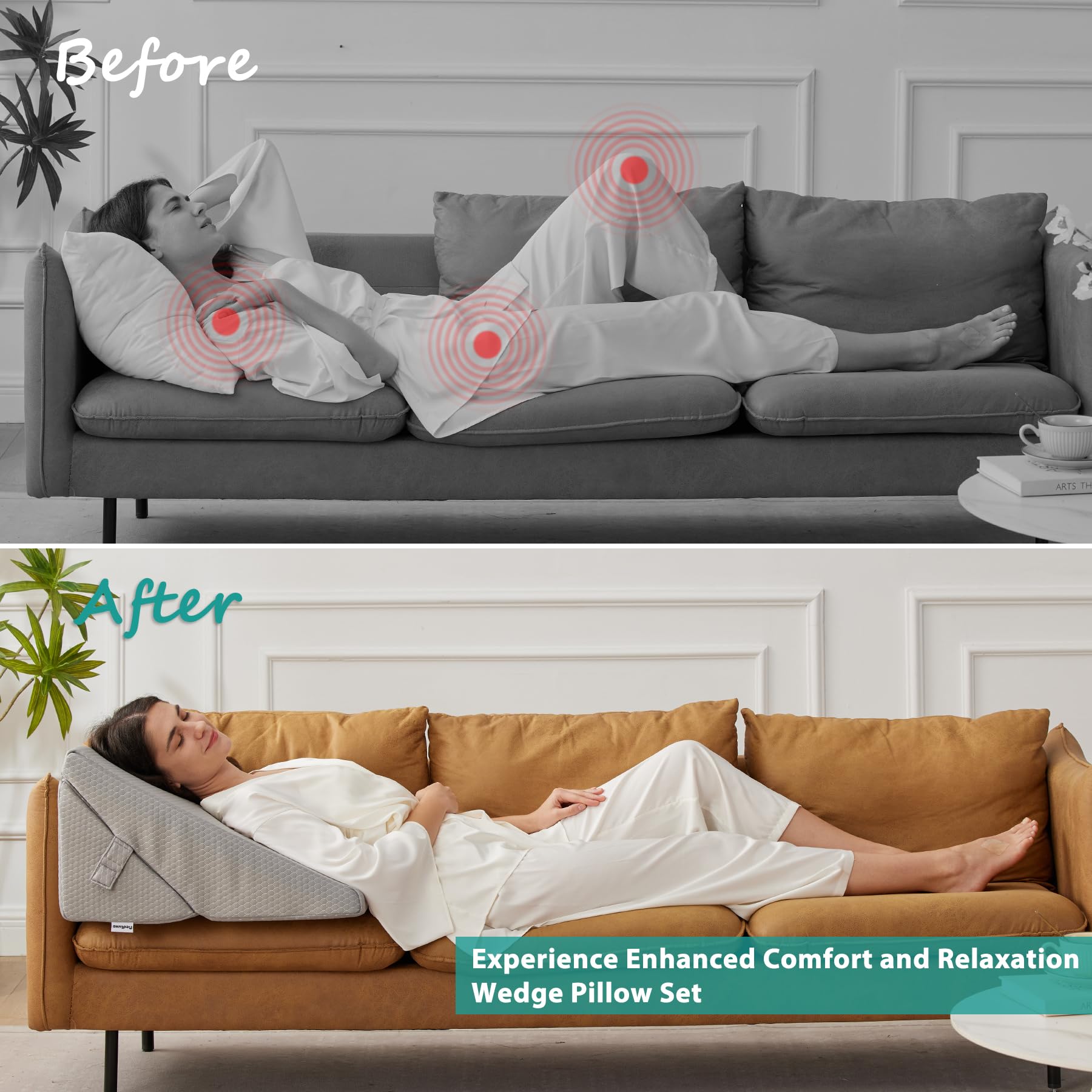Bedluxe Wedge Pillow Headboard, 3PCS Orthopedic Bed Wedge Pillows Set for After Surgery, Adjustable Pillow Wedge for Acid Reflux&Back Pain Relief, Sleeping, Back Pillow for Bed Sitting Up, White/Grey Dormly