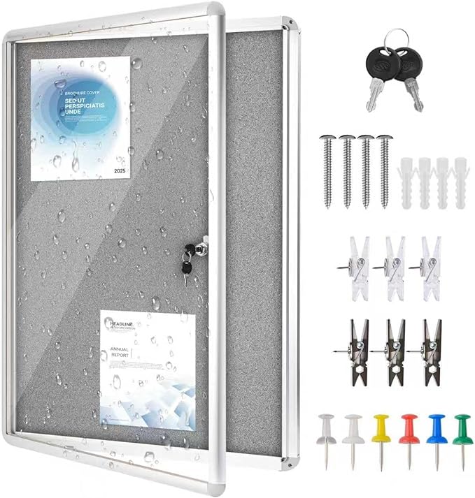 38"x28" Enclosed Bulletin Board Tamper-Proof Dispaly Case,Grey Fabric&Aluminium Frame,Shatter Resistant Lockable Bulletin Board with Clear Acrylic Door for School,Office,Mall,Community,Hospital,Church