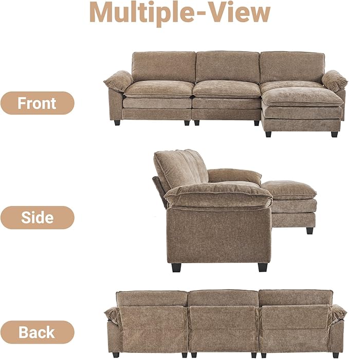 VINGLI Convertible Modular Sectional Sofa with Deep Seat & Movable 2-Layer Ottoman, L-shape Cloud Sofa with Chaise &Armrests, Oversized 3-Seater Couch for Living Room & Apartment, Chenille,Light-Brown
