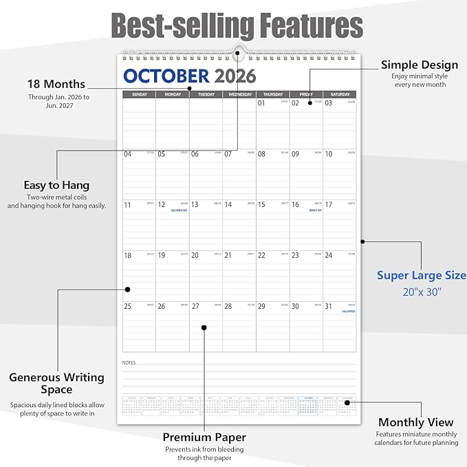 GuassLee Extra Large Wall Calendar 2026-2027, 20"x 30" Gaint Vertical Wall Calendar 2026, Jan. 2026 to Jun. 2027, 18-Month Paper Hanging Planner Wall with Julian Date for Office Home Planning