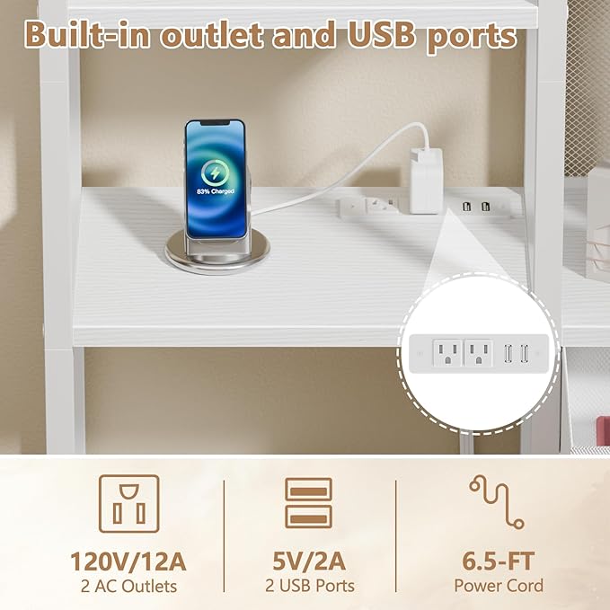 Furologee 6 Tier Bookshelf with USB Ports and Power Outlet, Book Shelf with Charging Station, Bookcase with Drawer, Storage Shelves for Bedroom,Home Office, Living Room, Bathroom, White
