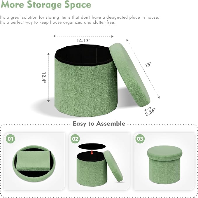 B FSOBEIIALEO Storage Ottoman Cube, Round Ottomans with Storage Foot Stool Footrest for Lving Room, Boucle Ottoman Seat for Dorm Room,Faux Teddy Fur, Green 15"x15"x13.19"