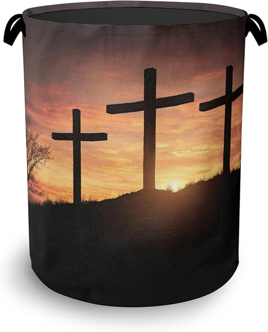 Cross Sunset Laundry Basket,Foldable with Handles Tote Bag Oxford Cloth for Bathroom Bedroom Dirty Clothes Storage Bucket 16" x 20.8"