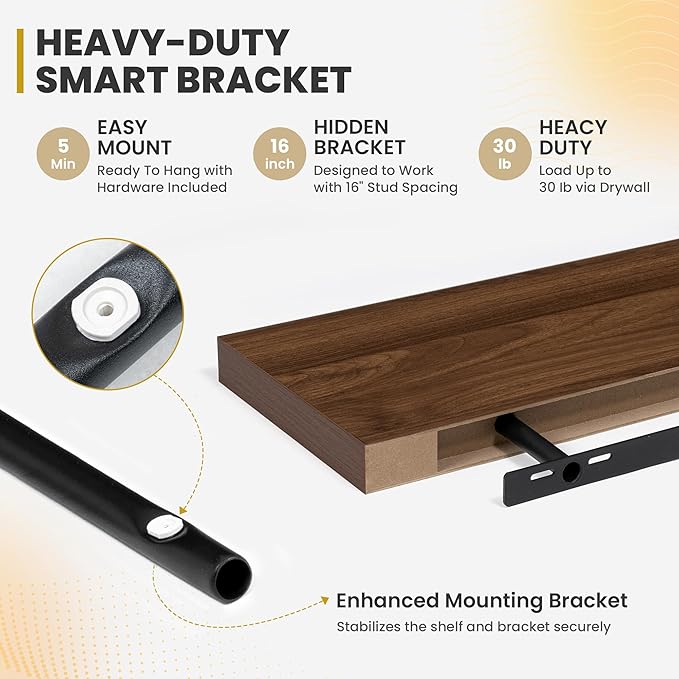 16 Inch Floating Shelves, 9.3" Deep Floating Shelf Wall Mounted, 16" Wall Shelves, Rustic Deep Bookshelf, Large Display Shelves & Storage Shelves for Bedroom, Living Room, Walnut, Set of 2