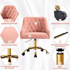 MOJAY Modern Mid-Back Tufted Velvet Office Chair, Swivel Height-Adjustable Home Desk Chair,Cute Velvet Soft Seat Vanity Chair with Rivet and Arm Support (Sherpa-Pink)