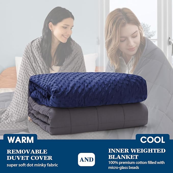 Weighted Blanket with Cover Twin Size Heavy Blanket Removable Soft Blue Blankets Microfiber Washable Heated Weighted Throw Blankets Winter Warm Weighted Comforter 15lbs, 48 * 72