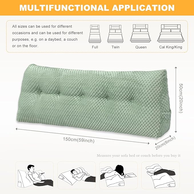 Large Triangular Headboard Wedge Pillow Soft and Supportive Headboard Backrest Positioning Support Bolster Cushion, Bed Wedge Pillow with Removable Cover(Green,Queen,59x8x20inch)