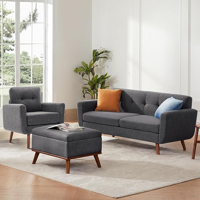 Tbfit Accent Chair, Reading Chair for Living Room & Bedroom, Mid Century Modern Arm Chair, Button Tufted Upholstered Accent Chairs Sofa with Solid Wood Frame, Grey