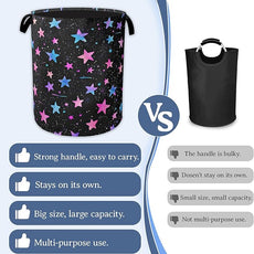 Blue Pink Stars Laundry Basket,Oxford Cloth Laundry Hamper With Handle Foldable Portable Clothes Storage Basket for Laundry Room/Bedroom/Bathroom 20.8