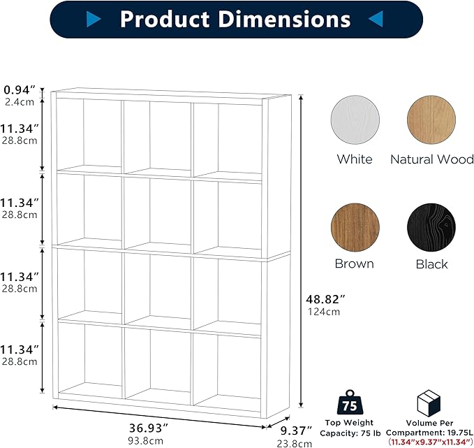 12-Cube Storage Organizer, Wooden Cube Shelf Bookcase with Reinforced Thick Shelves, Heavy-Duty 36.93" L x 9.37" W x 48.82" H, for Living Room Bedroom Home Office, White