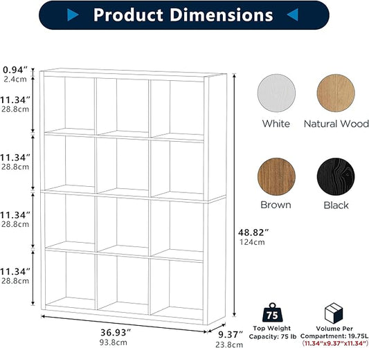 12-Cube Storage Organizer, Wooden Cube Shelf Bookcase with Reinforced Thick Shelves, Heavy-Duty 36.93" L x 9.37" W x 48.82" H, for Living Room Bedroom Home Office, White