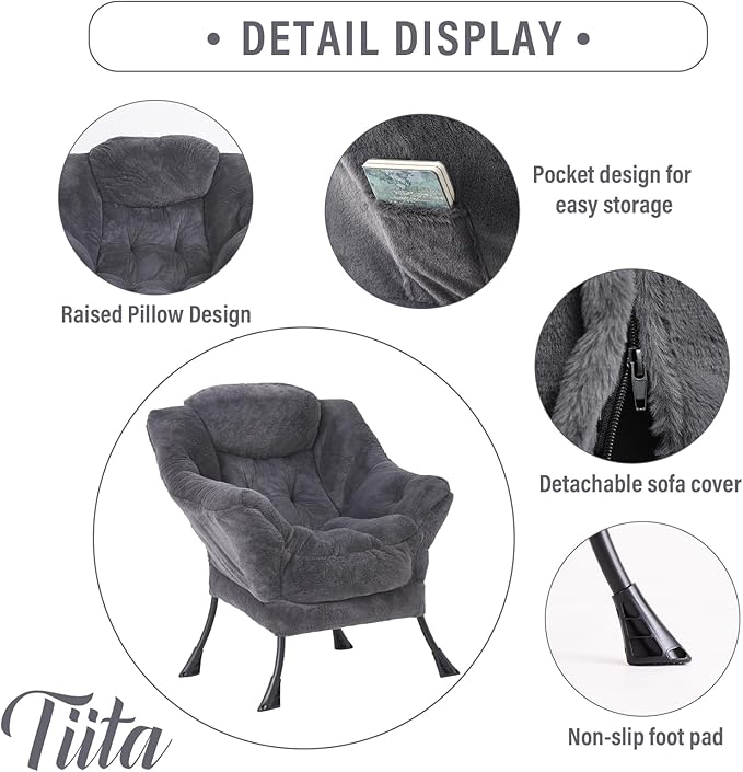 Tiita Lazy Chair with Ottoman, Modern Large Accent Lounge Chair, Leisure Sofa Armchair with Ottoman, Reading Chair with Footrest for Bedroom, Living Room, Dorm Rooms, Garden and Courtyard