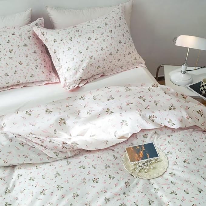 MKXI Pink Floral Girls Comforter Set Cute Bed Quilt Set Fluffy Bedding Set White Patterned Comforter 68"x90" Simple Twin Size Comforter Set