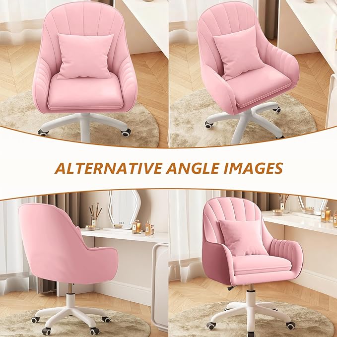 Cute Home Office Chair Velvet Upholstered Desk Chairs with Mid Back Swivel Adjustable Makeup Vanity Computer Chair with Wheels,Pink