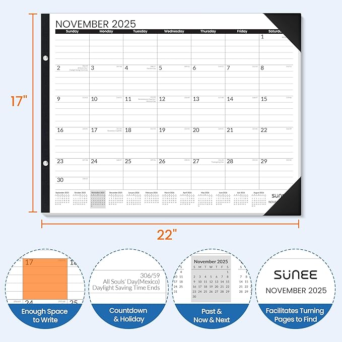 SUNEE Desk Calendar 2026 Large 22x17 from October 2025 to March 2027, Extra Large Desktop Monthly Calendar Pad 18 Months For Teacher or Family, Desk Top, Black