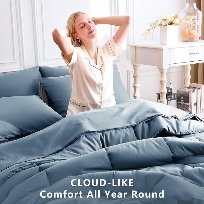 CozyLux Full Size Comforter Sets Mineral Blue, 7 Pieces Bed in a Bag, Blue Comforter Full Size, All Season Bedding Sets with Stitch Quilted Comforter, Flat Sheet, Fitted Sheet, Pillowcases