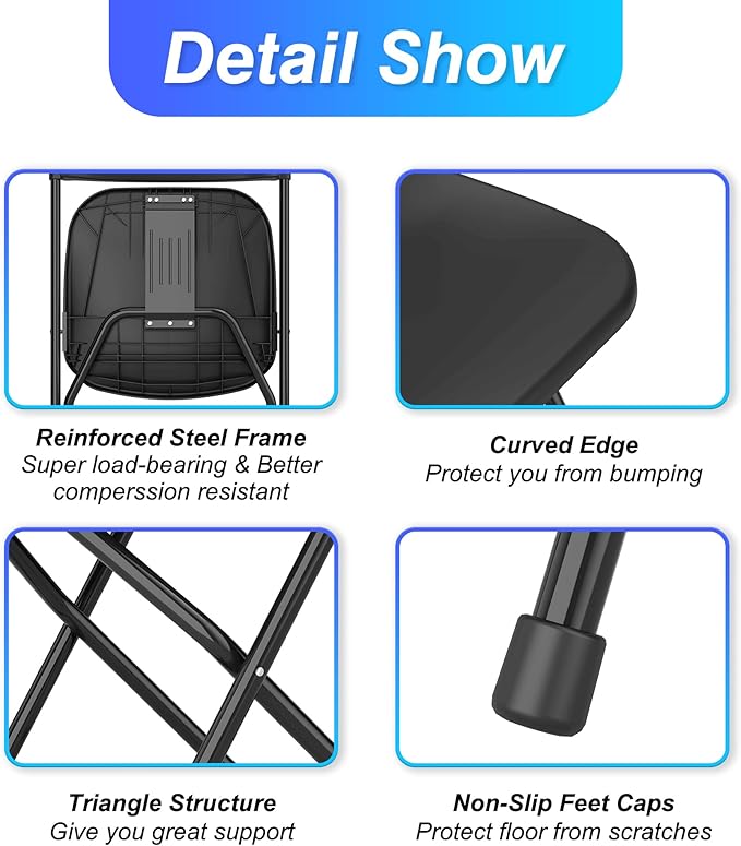 Allpop 5 Pack Plastic Folding Chair, 300lb Capacity, Portable Commercial Chair with Steel Frame for Home Office Wedding Party Indoor Outdoor Events, Stackable, Black