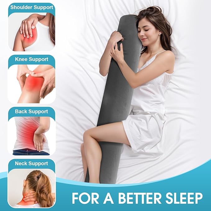 Memory Foam Body Pillow for Bed, Long & Big Full Body Pillows for Adults, Multifunctional Bolster Pillows with Removable & Washable Velvet Cover, Cylindrical Side Pillow (35.43"*7.9")