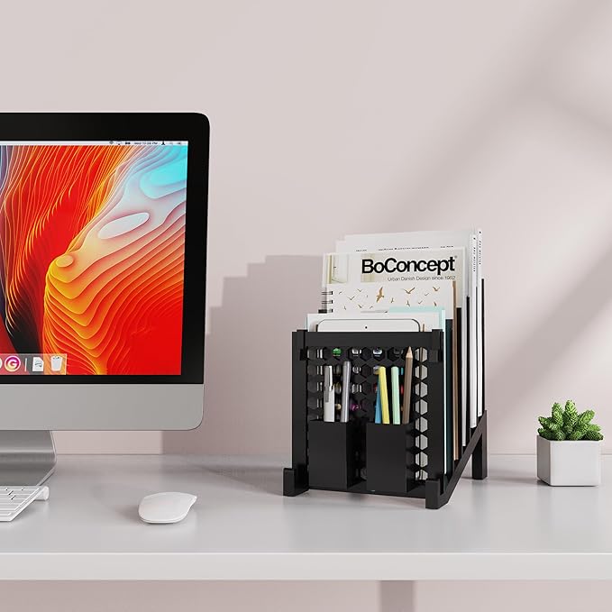 File Organizer for Desk with Storage Box & Hook, Inclined Desk File Organizer with 5-Section Vertical File Holder suitable for Home Office Document Organization（Black）