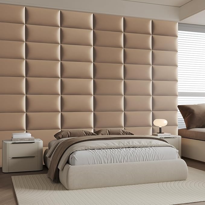 Wall-Mounted Upholstered Headboard Panels, Light Brown Faux Leather, 24x12 Inches, Pack of 9 – DIY Soundproof Padding for Full, Queen, or King Beds, Modern Wall Décor, Easy to Install