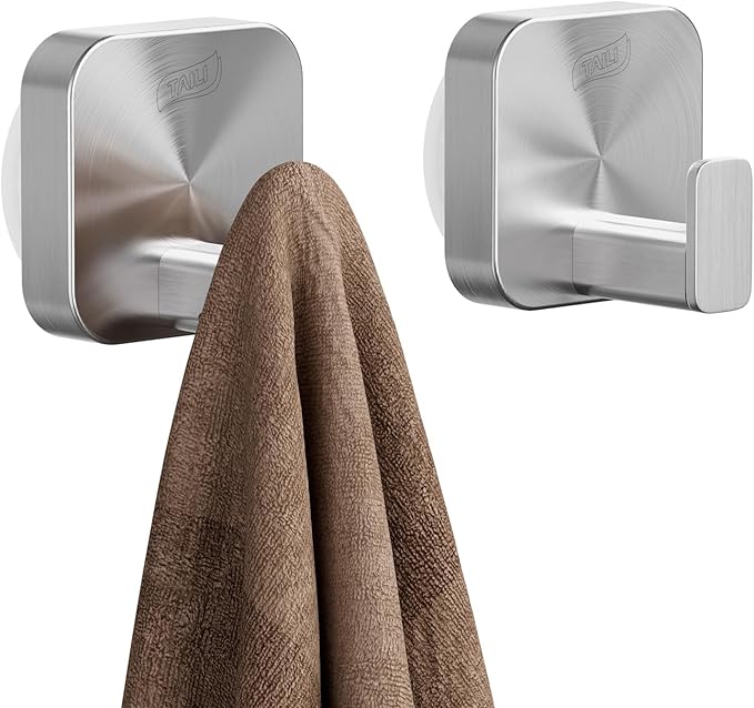 TAILI Thickened 304 Stainless Steel Bathroom Suction Hook for Towel, Loofah, Bathrobe, Patented Strong Suction Cup Holder, Damage-free Hanging Glass Shower Wall Hook, Hold Up to 11 Lbs, 2 Pack, Silver