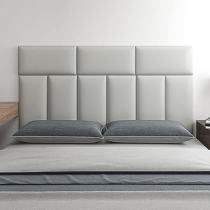 3D Anti-Collision Wall Padding, Peel & Stick Upholstered Panels, Queen Headboard, Playroom Decorative Protection, Pack of 2 Panels - 23.6' X 11.8' (Light Grey)