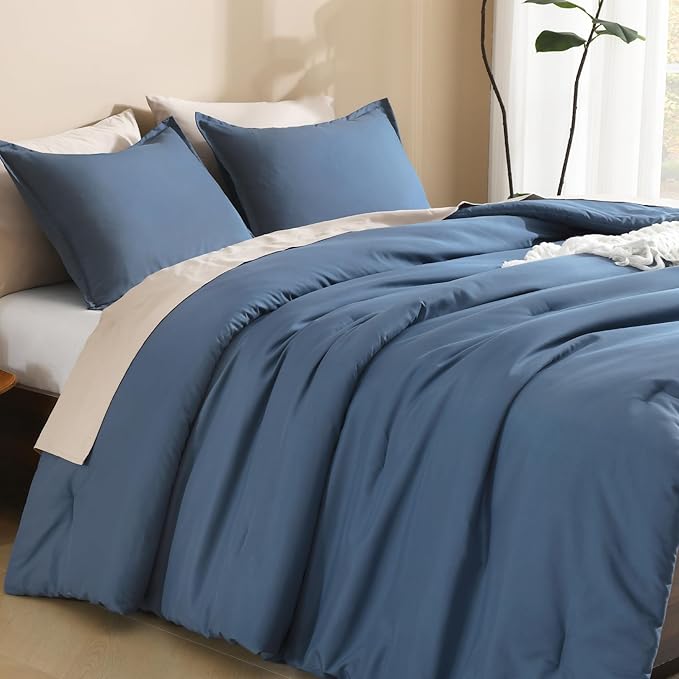 Litanika Comforter Set, Lightweight Solid Bedding Comforter Set, Fluffy Down Alternative Bed Set, Haze Blue, Oversized Queen