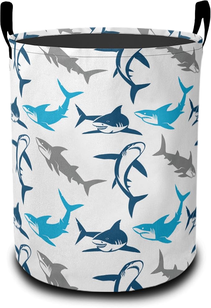 Cute Blue White Shark Laundry Hamper Large Canvas Fabric Lightweight Storage Basket/Dirty Clothes Collapsible Waterproof for College Dorms, Boys and Girls Bedroom,Bathroom