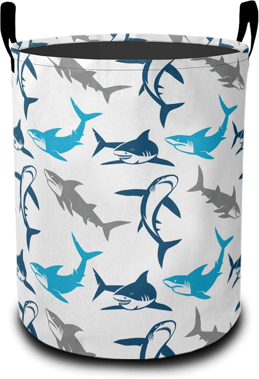 Cute Blue White Shark Laundry Hamper Large Canvas Fabric Lightweight Storage Basket/Dirty Clothes Collapsible Waterproof for College Dorms, Boys and Girls Bedroom,Bathroom