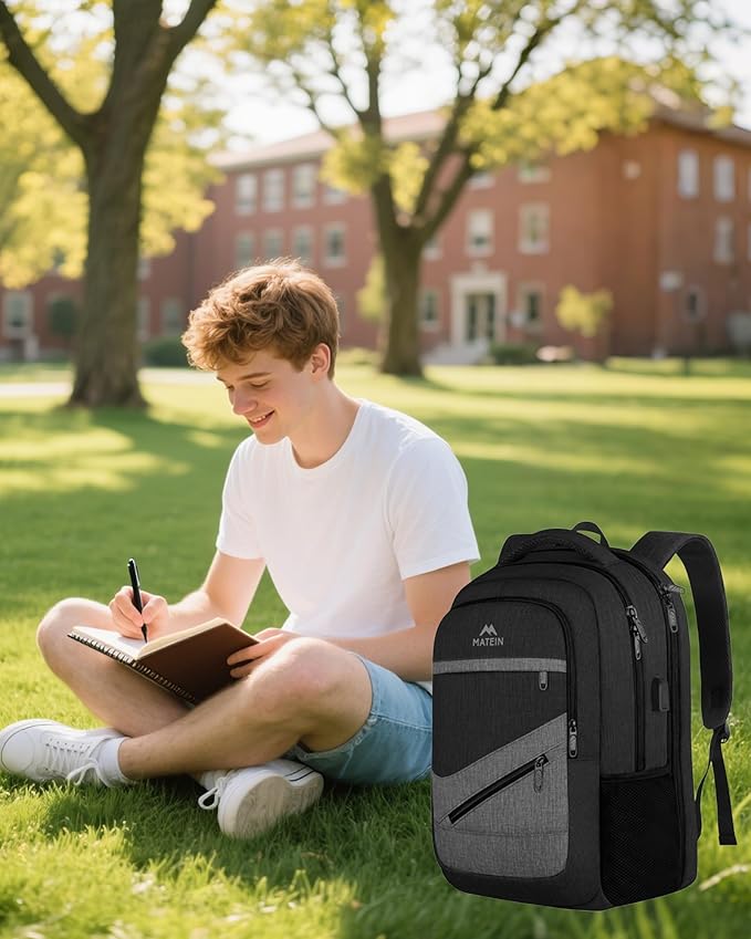 MATEIN 17 Inch Backpack for Men, Professional Work Office Laptop Backpack with USB Charging Port & Trolley Sleeve, Water Resistant Large College Daypack Travel Carry On, Black Grey