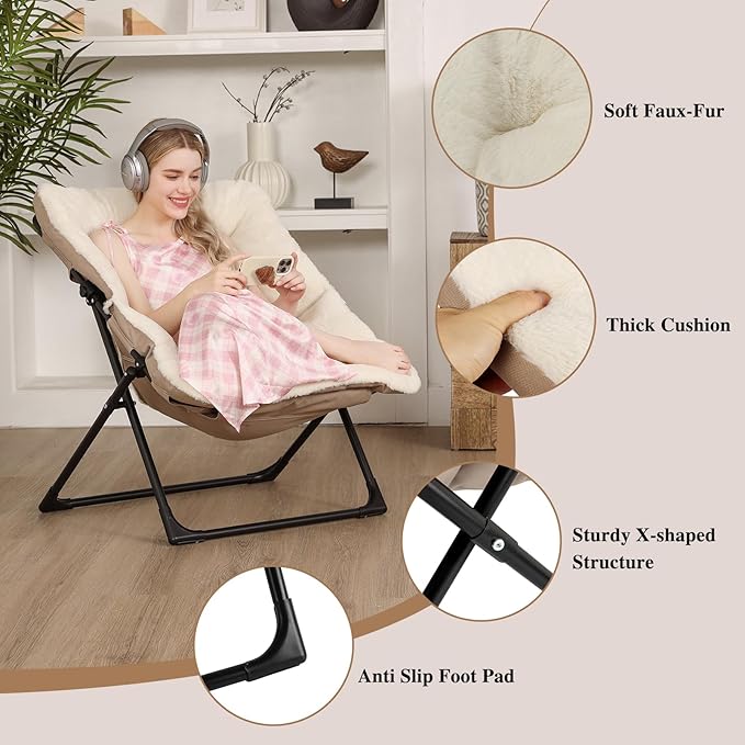 Comfy Saucer Chair for Adults, Soft Faux Fur Bedroom Chair, Accent Dorm Chairs, Flexible Living Room Reading Chairs, Oversized Folding Lounge Seat for Teens, X-Large, Beige