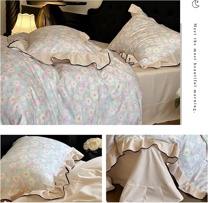 HighBuy Cottagecore Floral Ruffle Duvet Cover Queen for Teen Girls,Coquette Bedding Ruffle Duvet Cover Set Shabby Chic Brushed Cotton Bedding Set Breathable Durable Luxury with Zipper