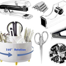 Desk Organizers and Accessories Set with 360-Degree Rotating Pen Holder, Acrylic Stapler, Tape Holder, Staple Remover, Binder/Paper Clips Kit, Scissor and 1 Box of Staples