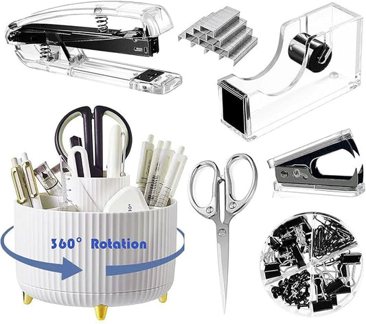Desk Organizers and Accessories Set with 360-Degree Rotating Pen Holder, Acrylic Stapler, Tape Holder, Staple Remover, Binder/Paper Clips Kit, Scissor and 1 Box of Staples