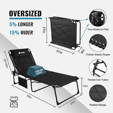 VILLEY Oversized Padded Chaise Lounge with Cushion, Foldable Camping Cot, Patio Reclining Lounge Chairs, Folding Sleeping Bed for Outdoor, Indoor, Backyard, Garden, Camping, Relaxing, Beach Tanning
