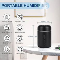 Portable Mini Humidifier, 300ml USB Cool Mist Small Humidifier with Colorful Lights. Perfect for Bedroom, Office, Plants, travel & Car (Black)